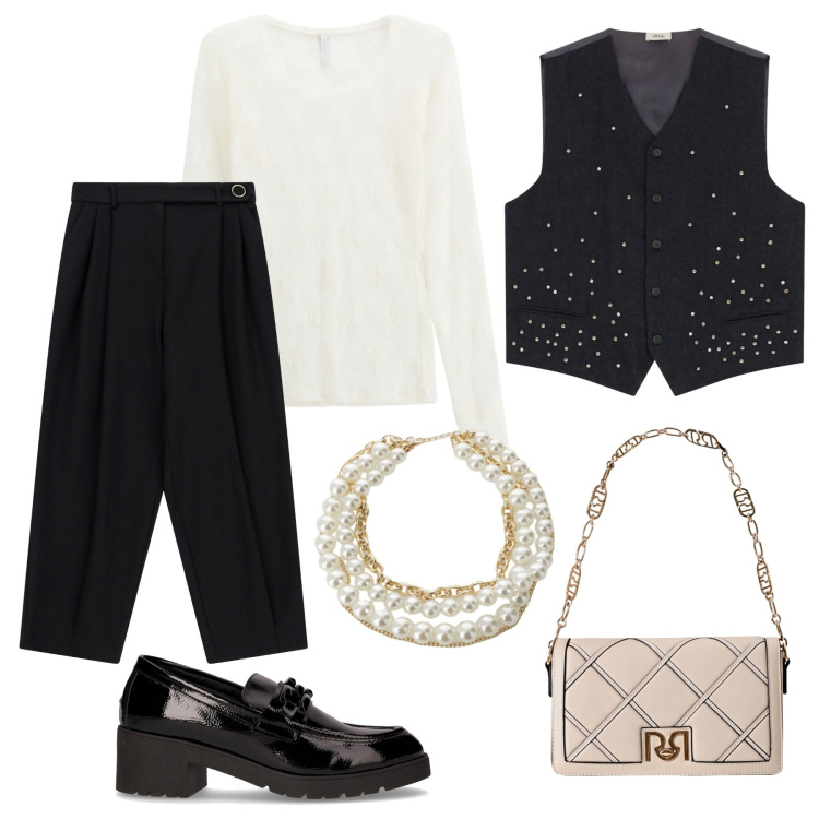 Outfit donna - Ufficio. per Ufficio. Abbinamento con borse a tracolla, pantaloni a palazzo, maglieria, gilet, collane, mocassini.