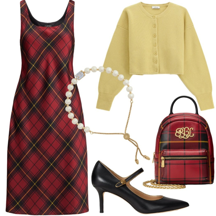 Outfit donna - Tartan. Stile Chic per Serata fuori. Abbinamento con cardigans, braccialetti, décolleté, borse a tracolla, vestiti senza maniche.