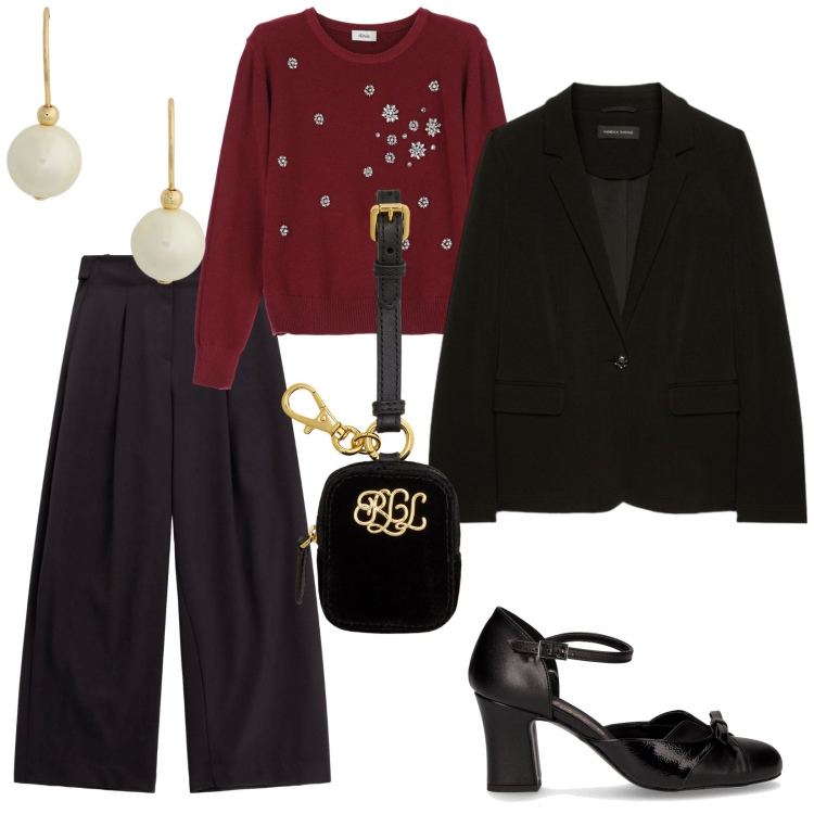 Outfit donna - Autunno in rosso. per Serata fuori. Abbinamento con maglieria, pantaloni a palazzo, pochette, orecchini, décolleté, blazer.