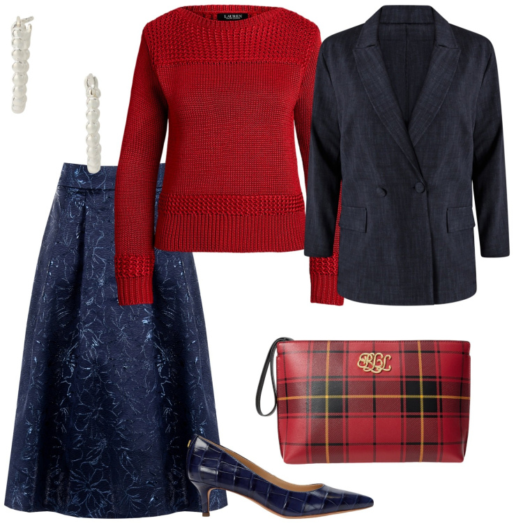 Outfit donna - Autunno in rosso. per Ufficio. Abbinamento con gonne longuette, blazer, orecchini, décolleté, pochette, maglieria.