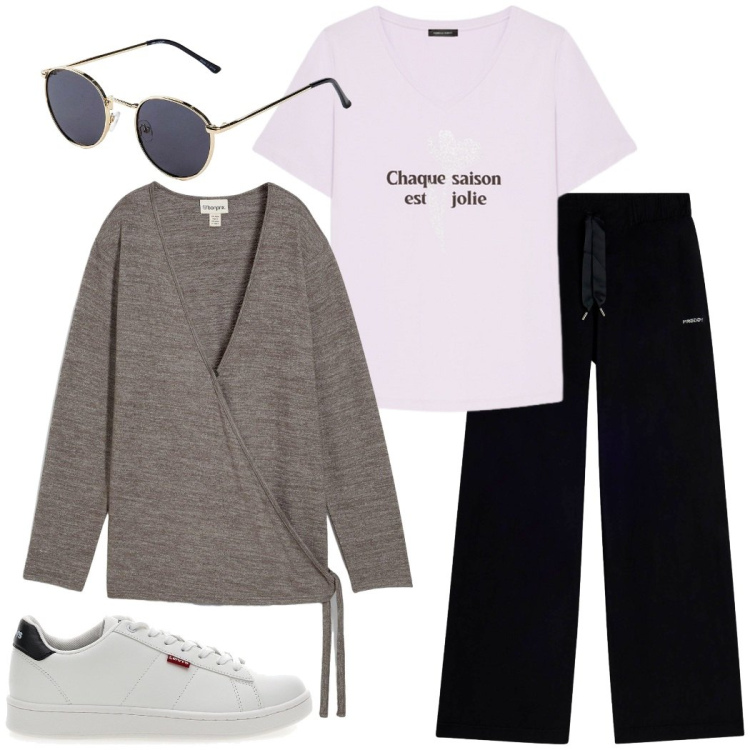 Outfit donna - Total look #2256916. Stile Sporty chic per Tutti i giorni. Abbinamento con occhiali da sole, cardigans, pantaloni, sneakers, t-shirt.