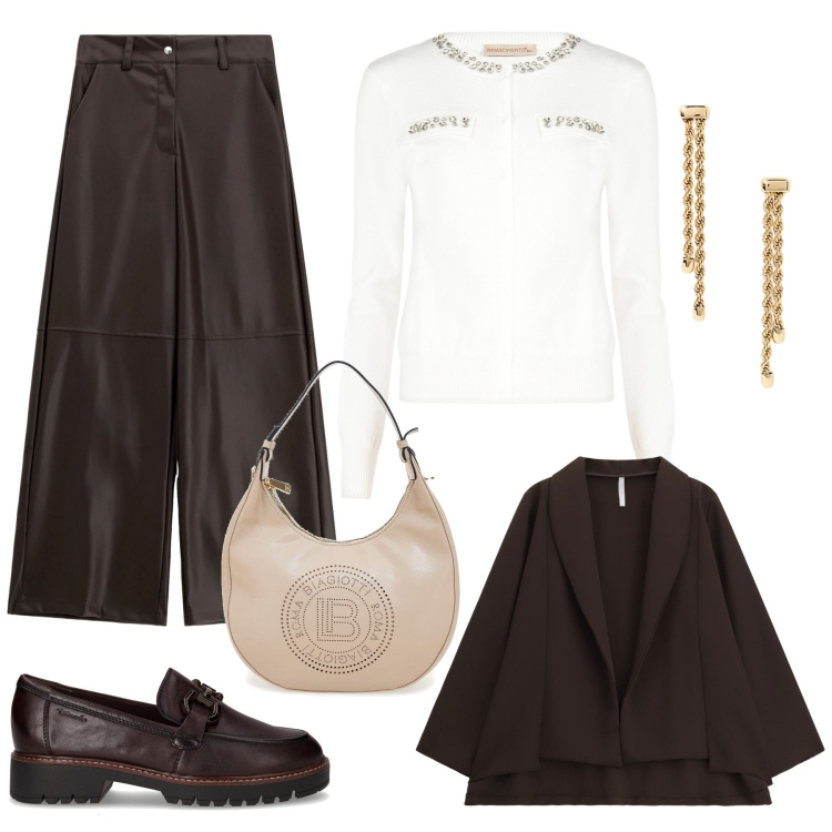 Outfit donna - Marrone. Stile Sporty chic per Tutti i giorni. Abbinamento con cardigans, blazer, pantaloni a palazzo, orecchini, mocassini, borse a spalla.