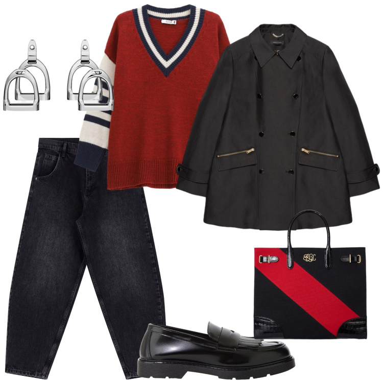 Outfit donna - Autunno in rosso. per Tutti i giorni. Abbinamento con maglieria, mocassini, pantaloni a palazzo, orecchini, borse tote, trench.