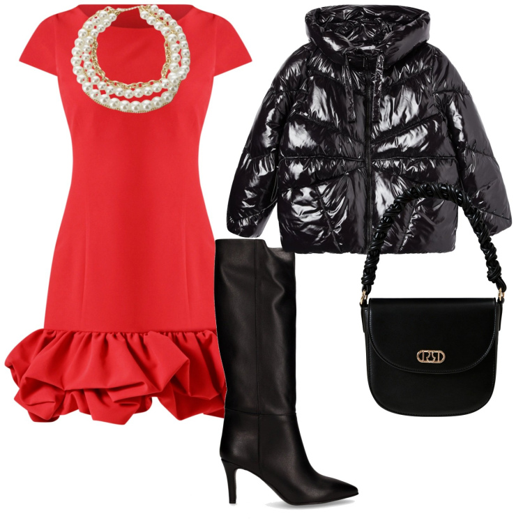 Outfit donna - Autunno in rosso. per Serata fuori. Abbinamento con bomber, vestiti, borse a mano, collane, stivali.