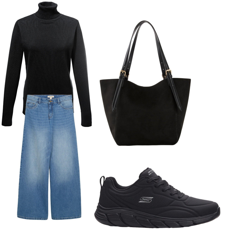 Outfit donna - Aperitivo. Stile Trendy per Tutti i giorni. Abbinamento con sneakers, maglieria, jeans, shopping bag.