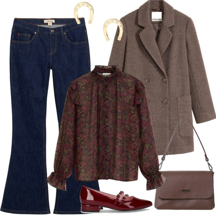 Outfit donna - Camicetta trasparente. Stile Trendy per Tutti i giorni. Abbinamento con camicie, jeans a zampa, cappotti, borse a tracolla, orecchini, ballerine.