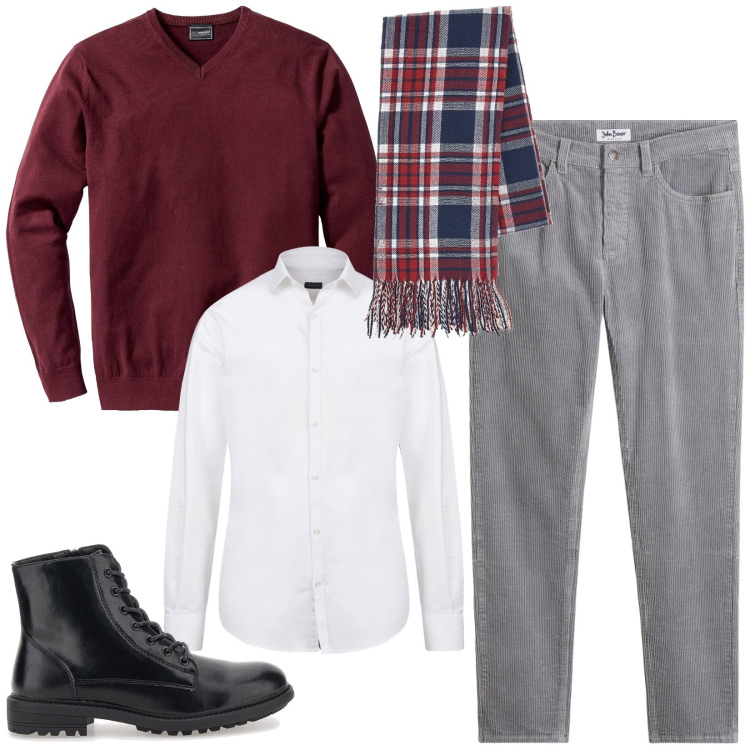 Outfit uomo - La sciarpa a quadri. Stile Trendy per Tutti i giorni. Abbinamento con maglieria, pantaloni, sciarpe, anfibi, camicie.