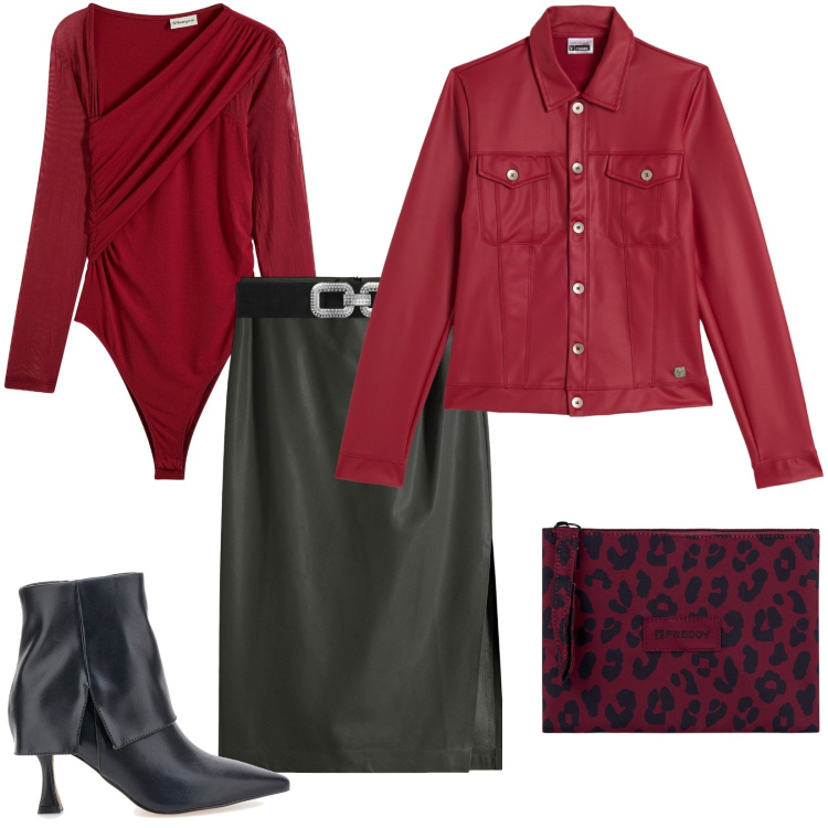 Outfit donna - Serata sexy con accento rock. Stile Rock per Serata fuori. Abbinamento con gonne longuette, body, cinture, giacche, clutch, stivaletti.