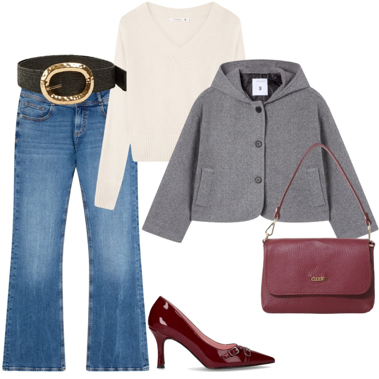 Outfit donna - La giacca trendy con cappuccio. Stile Casual per Tutti i giorni. Abbinamento con cinture, jeans a zampa, maglieria, caban, borse a tracolla, décolleté.