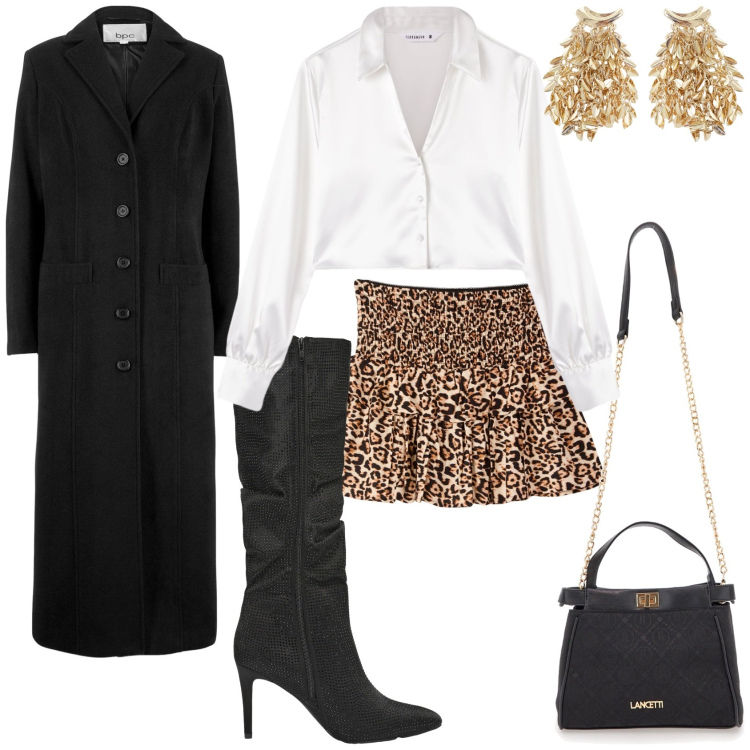 Outfit donna - Serata in festa. Stile Glamour per Serata fuori. Abbinamento con cappotti, stivali, minigonne, camicie, orecchini, borse a tracolla.