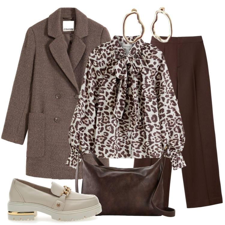 Outfit donna - Blusa animalier. Stile Chic per Tutti i giorni. Abbinamento con camicie, cappotti, borse a tracolla, pantaloni, orecchini, mocassini.