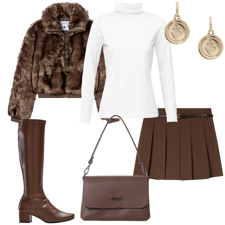 Outfit donna - Skort a pieghe con cintura. Stile Trendy per Tutti i giorni. Abbinamento con stivali, maglieria, minigonne, ecopellicce, borse a tracolla, orecchini.