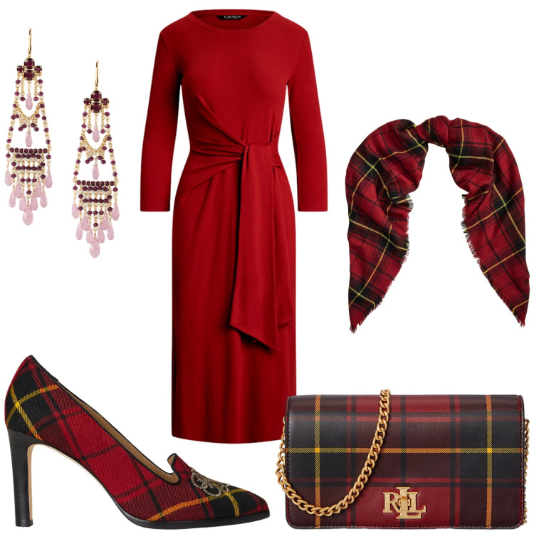 Outfit donna - Rosso scozzese. Stile Glamour per Serata fuori. Abbinamento con vestiti, orecchini, décolleté, borse a mano, sciarpe.
