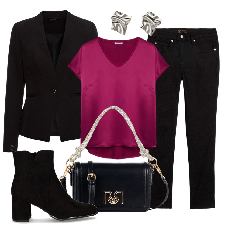 Outfit donna - Chic per il giorno. Stile Chic per Tutti i giorni. Abbinamento con jeans slim fit, blazer, borse a mano, bluse, stivaletti, orecchini.