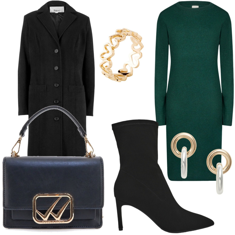 Outfit donna - Abito in maglia girocollo. Stile Chic per Tutti i giorni. Abbinamento con cappotti, anelli, stivali, orecchini, vestiti midi/longuette, borse a tracolla.