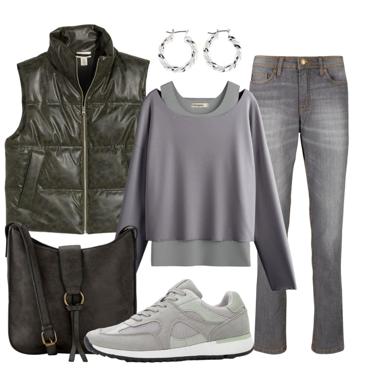 Outfit donna - Stratificare con stile. Stile Basic per Tutti i giorni. Abbinamento con maglieria, jeans mom, sneakers, piumini, borse a tracolla, orecchini.