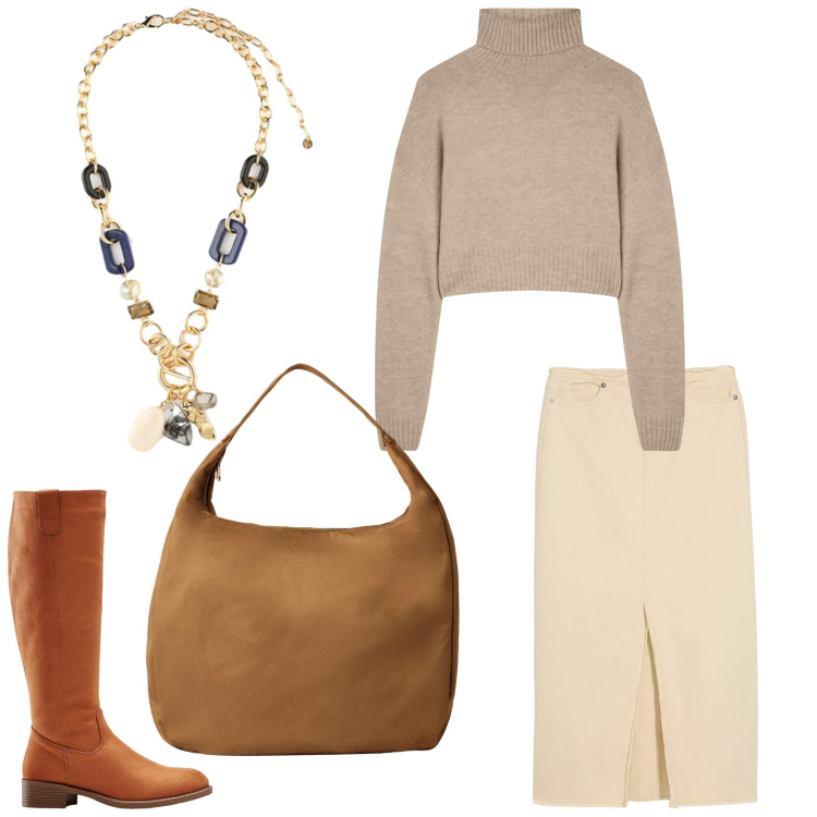Outfit donna - Buongiorno ottobre. Stile Chic per Ufficio. Abbinamento con stivali, gonne, maglieria, borse a mano, collane.