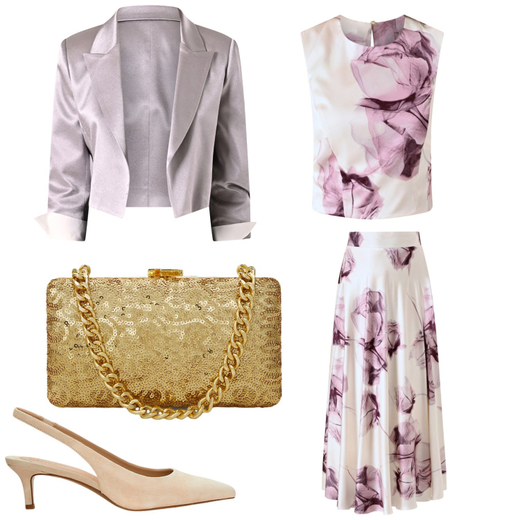 Outfit donna - Cerimonia in ottobre. Stile Chic per Cerimonia. Abbinamento con blazer, top, gonne lunghe, décolleté, clutch.