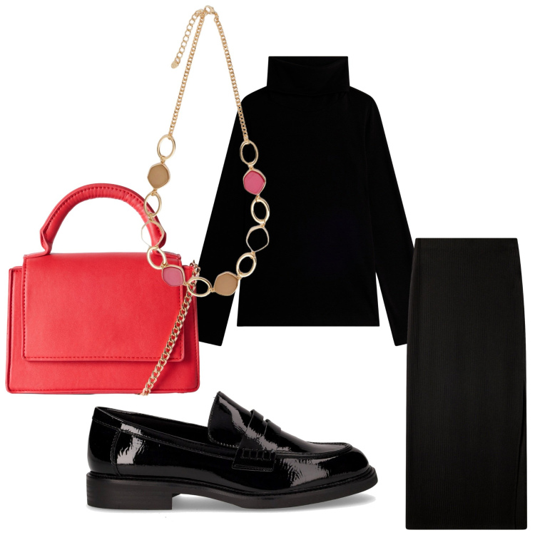 Outfit donna - Morbidezza. Stile Casual chic per Ufficio. Abbinamento con borse a tracolla, gonne lunghe, maglieria, mocassini, collane.