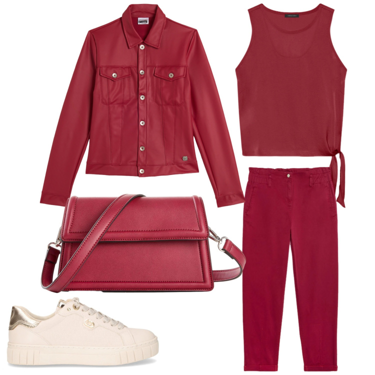Outfit donna - La signora in rosso. Stile Casual per Tutti i giorni. Abbinamento con borse a tracolla, giacche, pantaloni, top, sneakers.
