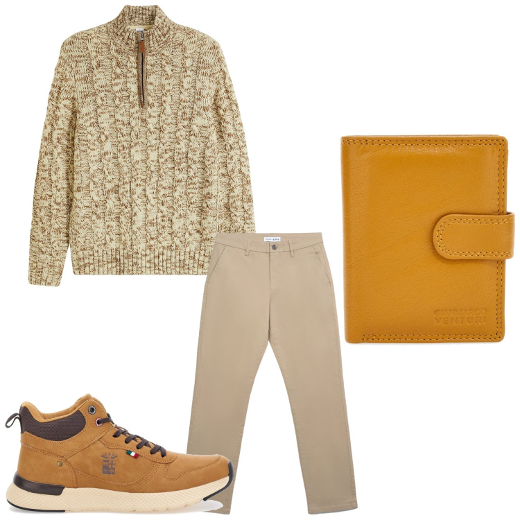 Outfit uomo - Curry. Stile Casual per Tutti i giorni. Abbinamento con maglieria, pantaloni chino, portafogli, stivali e stivaletti.