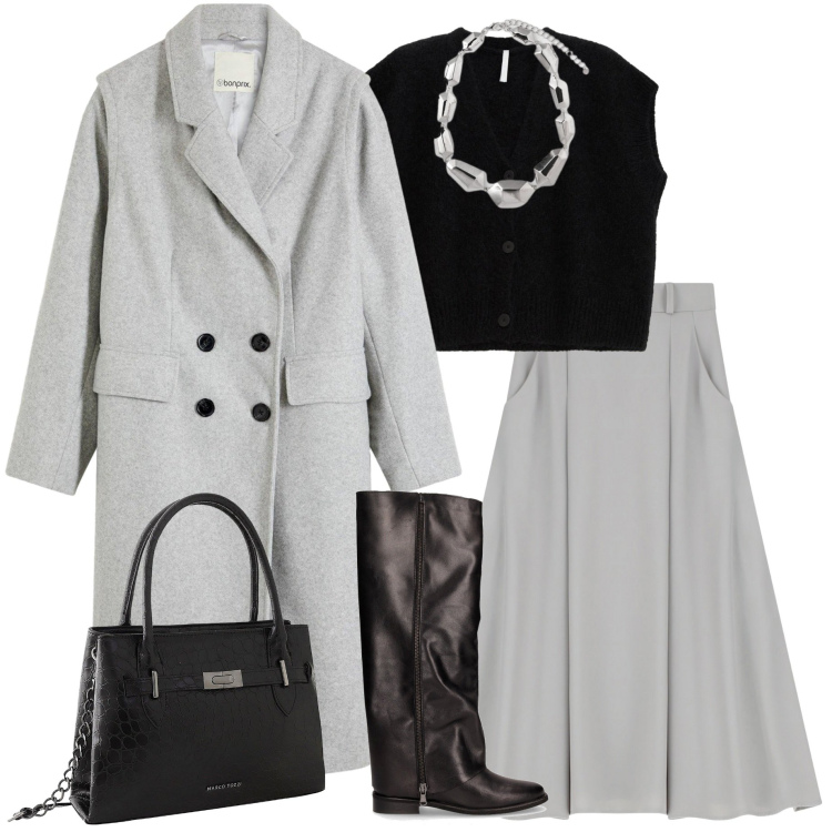 Outfit donna - Gonna e stivali. Stile Casual chic per Ufficio. Abbinamento con borse a mano, cappotti, gonne lunghe, maglieria, stivali, ciondoli.