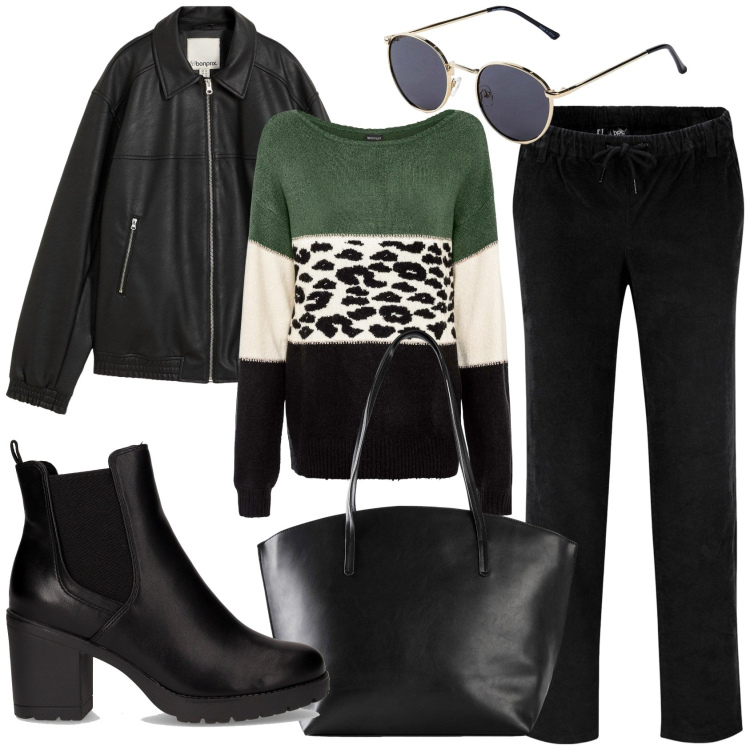 Outfit donna - Nero rock. Stile Rock per Tutti i giorni. Abbinamento con pantaloni, maglieria, shopping bag, occhiali da sole, blazer, stivaletti chelsea.