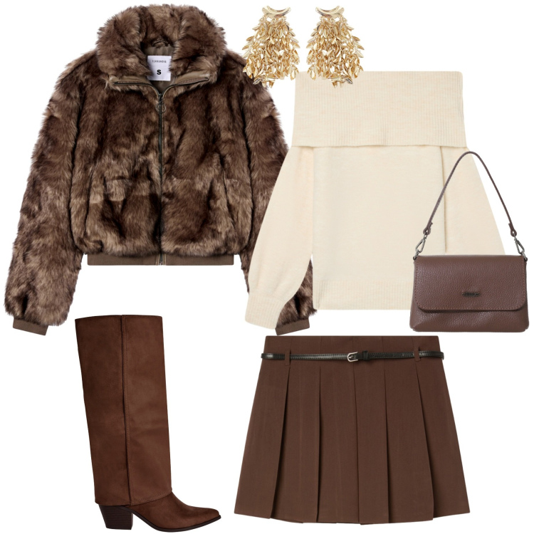 Outfit donna - Gonna e stivali. Stile Trendy per Serata fuori. Abbinamento con ecopellicce, maglieria, minigonne, stivali sopra il ginocchio, borse a tracolla, orecchini.