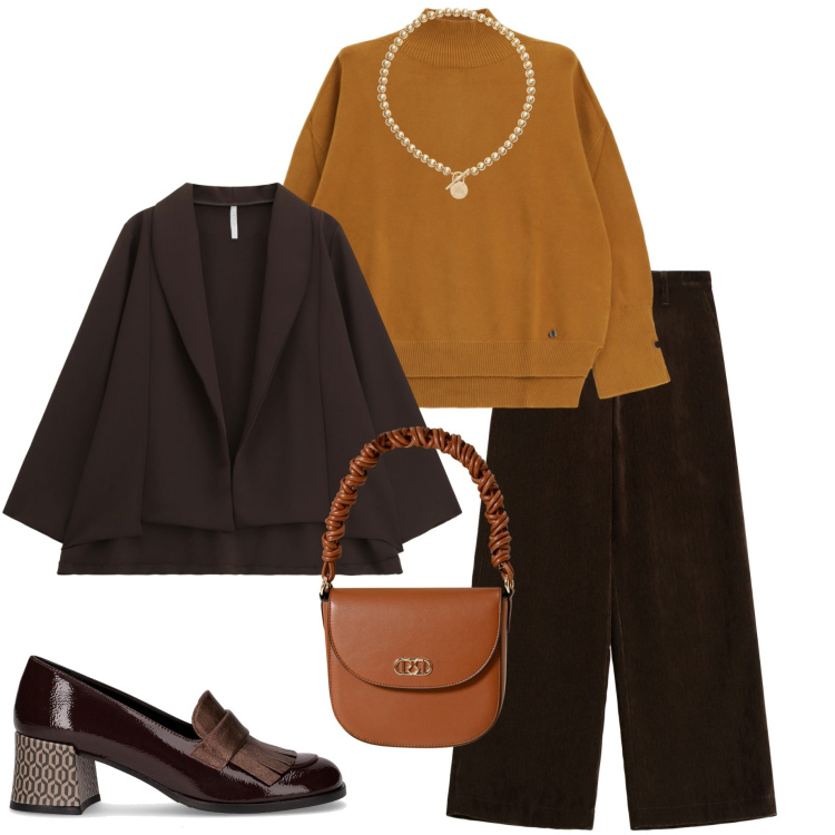 Outfit donna - Maglioni avvolgenti. Stile Casual chic per Serata fuori. Abbinamento con pantaloni, borse a mano, blazer, maglieria, collane, mocassini.