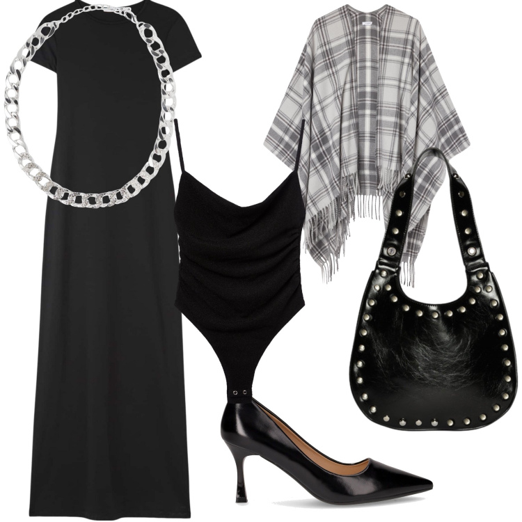 Outfit donna - Una mantella per l ufficio. Stile Urban per Ufficio. Abbinamento con vestiti lunghi, collane, cappotti, body, décolleté, borse a spalla.