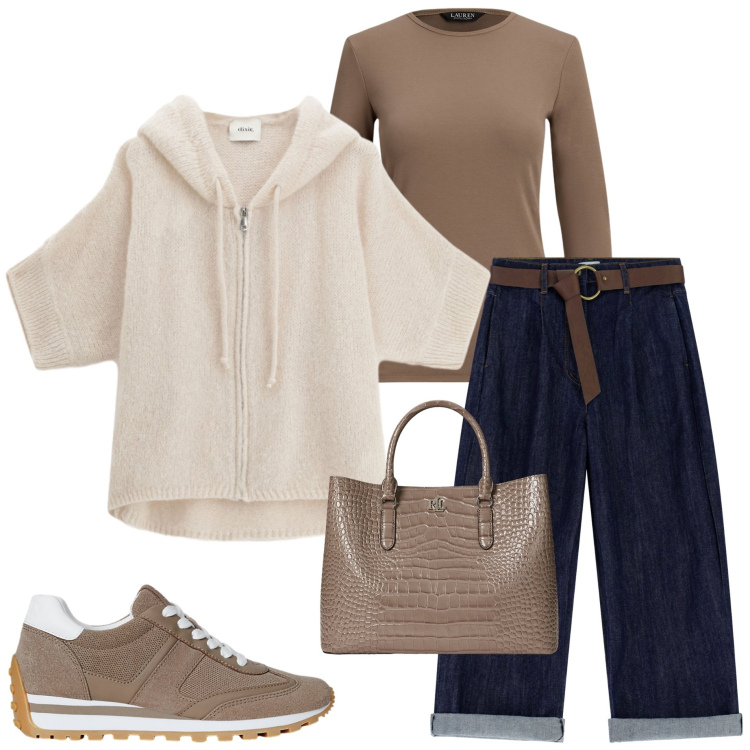 Outfit donna - Maglioni avvolgenti. Stile Casual chic per Ufficio. Abbinamento con cardigans, jeans, borse a mano, sneakers, t-shirt.
