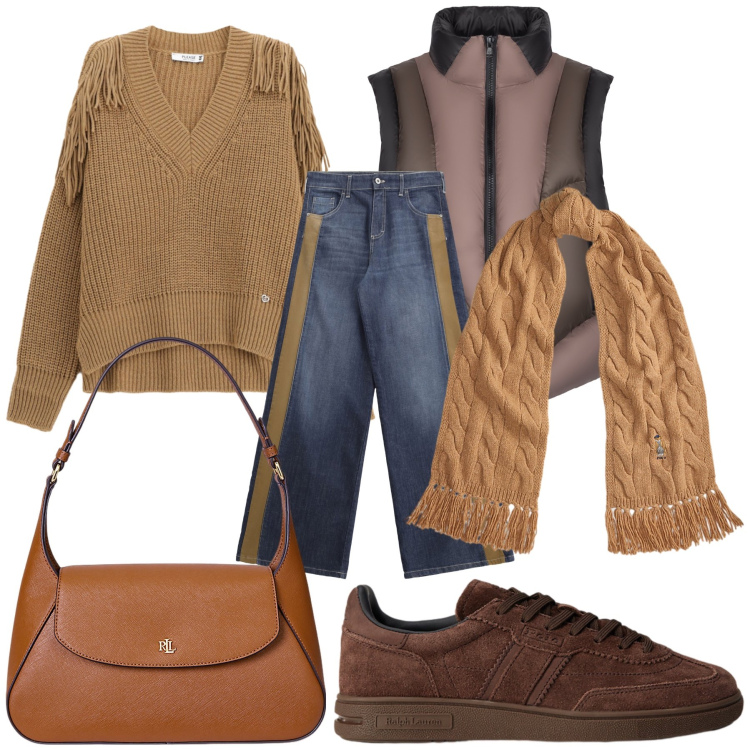 Outfit donna - Total look. Stile Casual chic per Tutti i giorni. Abbinamento con jeans a zampa, maglieria, piumini, borse a spalla, sneakers, sciarpe.