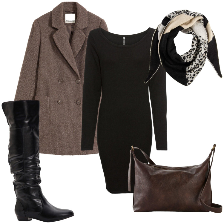 Outfit donna - Marrone e nero. Stile Glamour per Tutti i giorni. Abbinamento con vestiti lunghi, cappotti, stivali sopra il ginocchio, borse a tracolla, foulard.