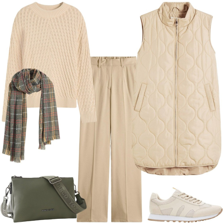Outfit donna - Gilet trapuntato. Stile Casual chic per Tutti i giorni. Abbinamento con pantaloni, piumini, sneakers, borse a tracolla, maglieria, sciarpe.