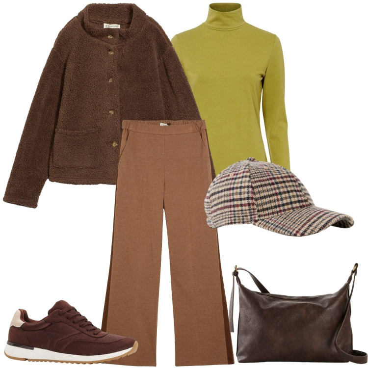 Outfit donna - castagna. Stile Urban per Tutti i giorni. Abbinamento con blazer, maglieria, sneakers, pantaloni, borse a tracolla, cappelli con visiera.