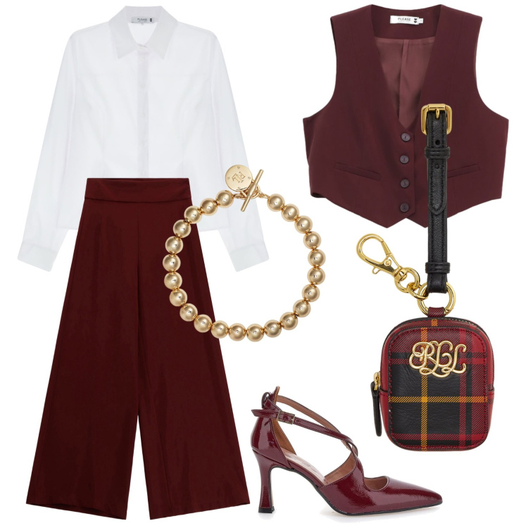 Outfit donna - Riunione importante. Stile Chic per Ufficio. Abbinamento con pantaloni a palazzo, gilet, camicie, pochette, braccialetti, décolleté.