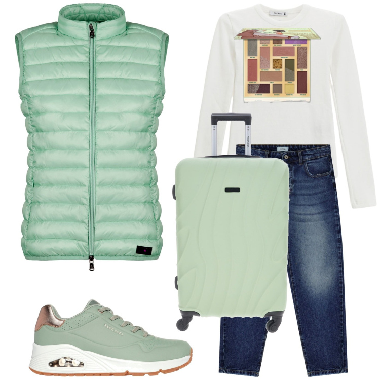 Outfit donna - Pronta per il weekend. Stile Casual per Tutti i giorni. Abbinamento con ombretti, maglieria, piumini, jeans, sneakers, valigie.
