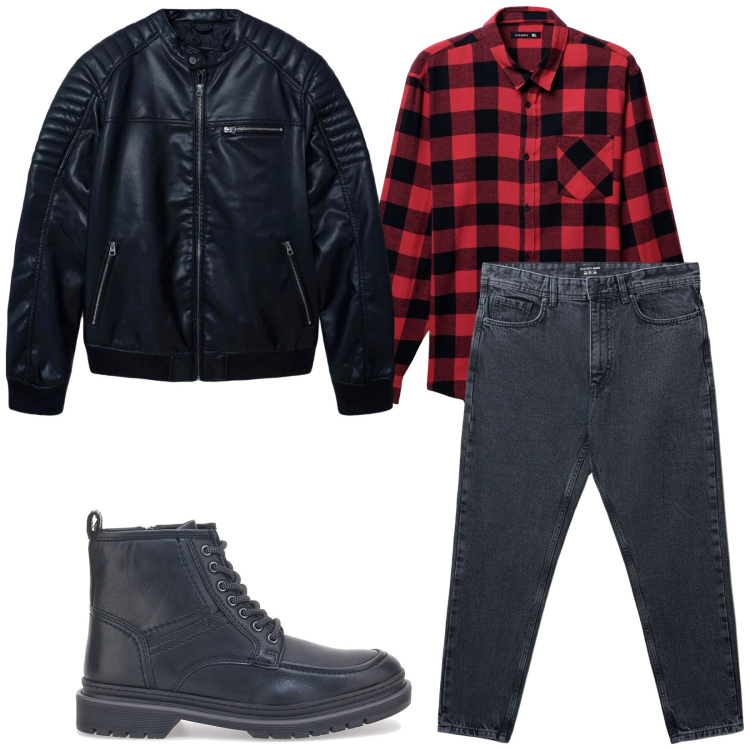 Outfit uomo - Total look #2257079. Stile Casual per Tutti i giorni. Abbinamento con camicie, giacche, jeans strappati, anfibi.