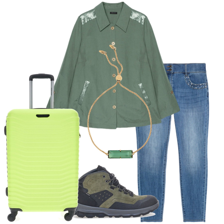 Outfit donna - Total look #2257080. Stile Casual chic per Tutti i giorni. Abbinamento con braccialetti, camicie, jeans skinny, stivaletti, valigie.