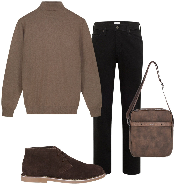 Outfit uomo - Basic autunno. Stile Casual per Tutti i giorni. Abbinamento con jeans dritti, portafogli, stivali e stivaletti, maglieria.