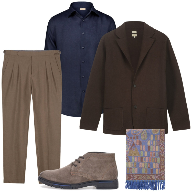 Outfit uomo - Venerdì sera. Stile Trendy per Serata speciale. Abbinamento con sciarpe, scarpe stringate, camicie, pantaloni, giacche.