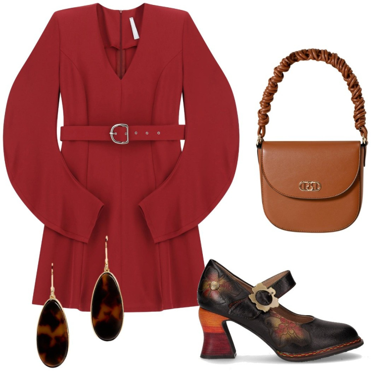 Outfit donna - Come foglie in autunno. Stile Romantica per Serata fuori. Abbinamento con borse a mano, vestiti corti, orecchini, décolleté.