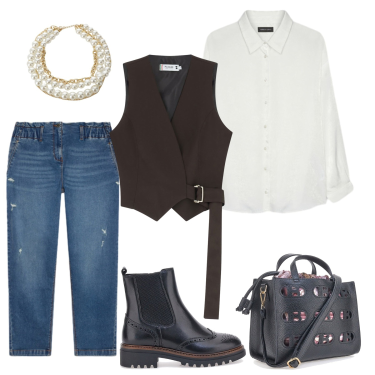Outfit donna - Guerriera con charme. Stile Casual per Tutti i giorni. Abbinamento con gilet, collane, stivaletti chelsea, borse a mano, camicie, jeans strappati.
