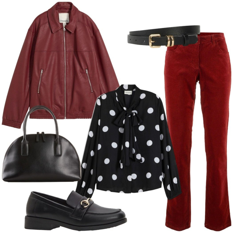 Outfit donna - Rosso mattone in ufficio. Stile Casual chic per Ufficio. Abbinamento con blazer, pantaloni, camicie, mocassini, cinture, shopping bag.