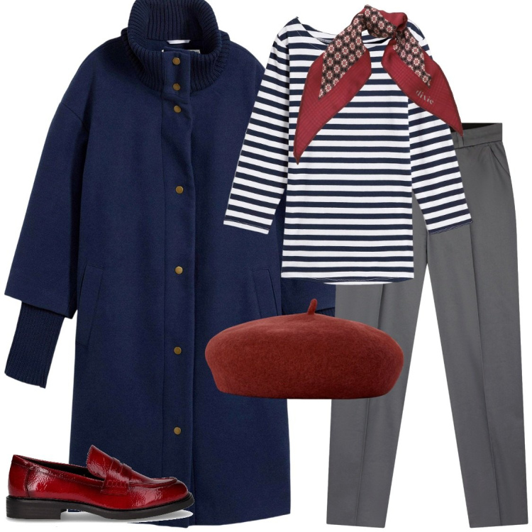 Outfit donna - Blu, grigio e bordeaux please. Stile Urban per Tutti i giorni. Abbinamento con cappotti, maglieria, pantaloni chino, foulard, mocassini, cappelli e berretti.