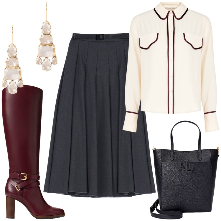 Outfit donna - Un classico da ufficio. Stile Bon Ton per Ufficio. Abbinamento con camicie, gonne longuette, stivali, borse tote, orecchini.