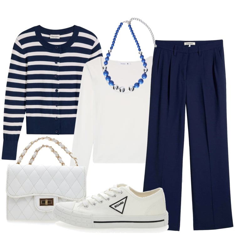 Outfit donna - Riga marinière. Stile Basic per Tutti i giorni. Abbinamento con pantaloni, cardigans, t-shirt, sneakers, collane, borse a tracolla.