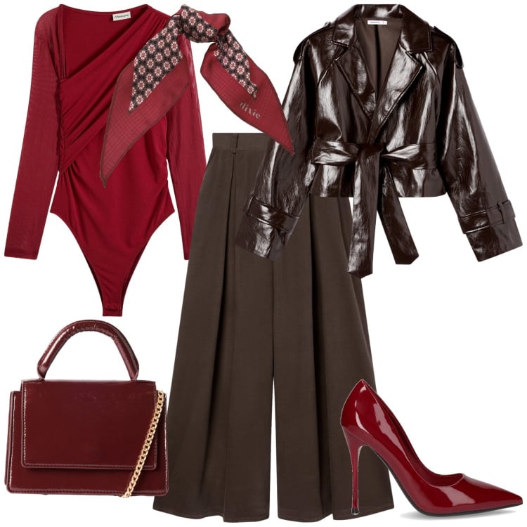Outfit donna - Outfit stiloso ideale per eventi. Stile Chic per Serata fuori. Abbinamento con body, borse a tracolla, giacche, pantaloni, foulard, décolleté.