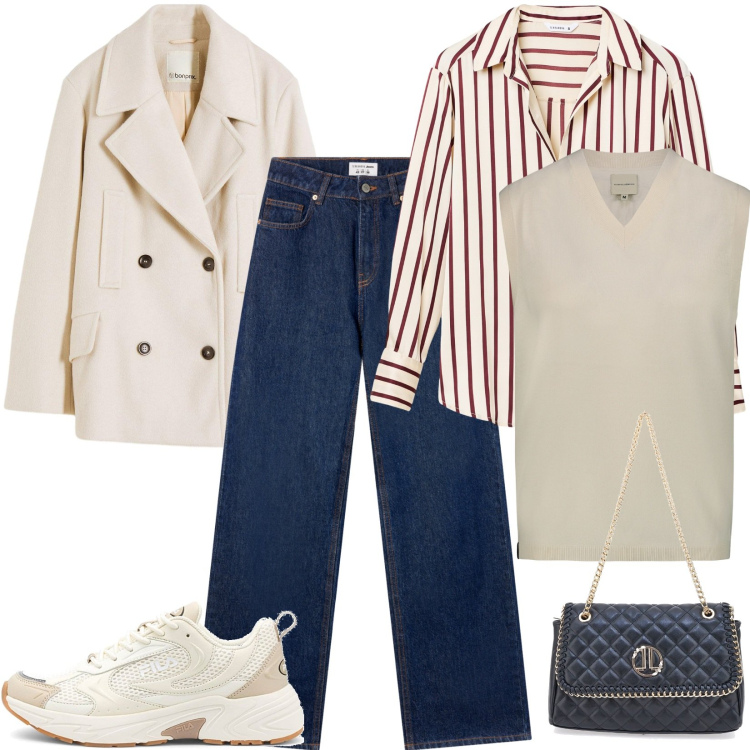 Outfit donna - Uno stile intramontabile. Stile Casual per Tutti i giorni. Abbinamento con caban, jeans, camicie, maglieria, sneakers, borse a tracolla.