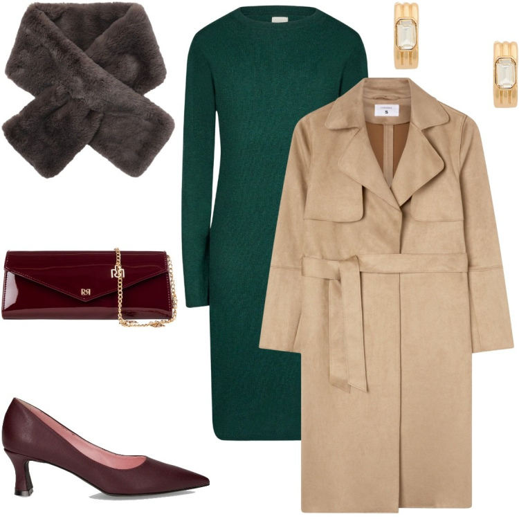 Outfit donna - Semplicemente glam. Stile Glamour per Serata fuori. Abbinamento con trench, sciarpe, pochette, orecchini, vestiti midi/longuette, décolleté.